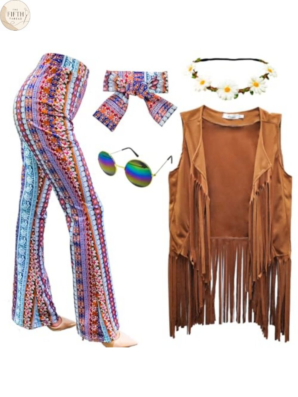 60s 70s Hippie Costume Set Fringe Vest Bell Bottoms Disco Outfit